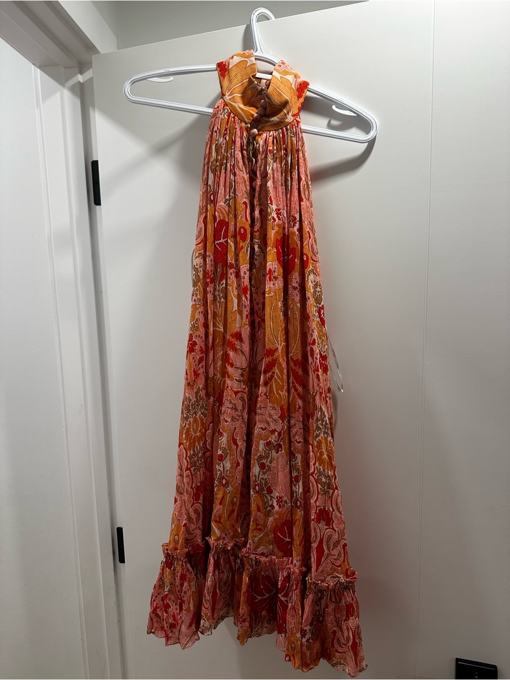 Zimmermann Floral Halter Midi Dress in Orange and Pink